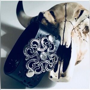 Unique Upcycled Black Leather Boho Gypsy Bracelet